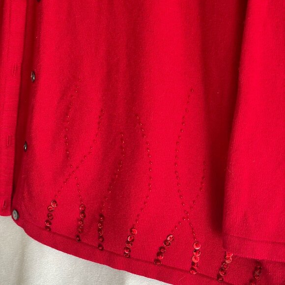 Liz Baker 1X Holiday Sequin Embellished Red Cardigan Sweater Long Sleeve Buttons - Picture 2 of 5